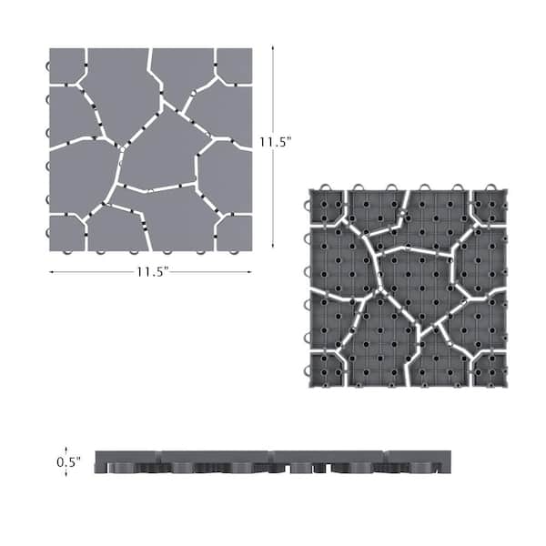 Pure Garden 11.5 in. x 11.5 in. Grey Outdoor Interlocking Stone Look Polypropylene Patio and Deck Tiles in Gray (Set of 30) Pure Garden 11.5 in. x 11.5 in. Grey Outdoor Interlocking Stone Look Polypropylene Patio and Deck Tiles in Gray (Set of 30)
