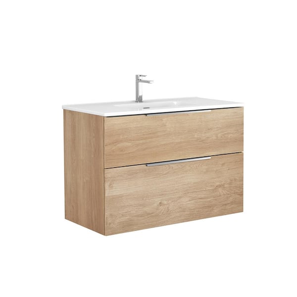 WS Bath Collections Dalia 36 in. W x 18.1 in. D x 23.8 in. H Single Sink Wall Mounted Bath Vanity in Natural Oak with White Ceramic Top