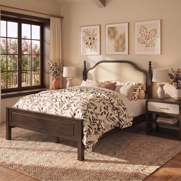 Arched Black Solid Wood Frame Queen Panel Bed with Upholstered Headboard Spindle