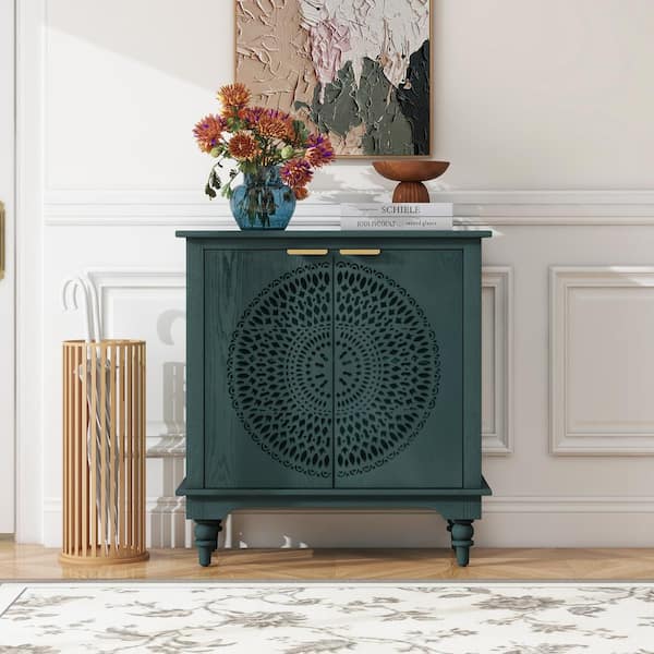 Noble House Drysian Dark Green 34.13 in. H Modern 2-Door Storage Cabinet with Metal Handles, Hollow Carved Design, Adjustable Shelf