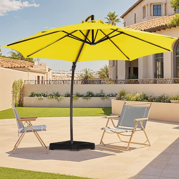11 ft. L Outdoor Aluminum Curvy Cantilever Offset Hanging Patio Umbrella with Sandbag Base and Cover in Yellow