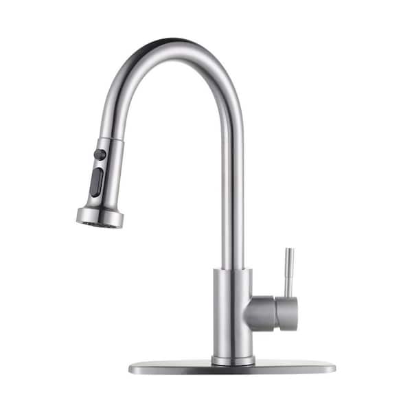 VEVETTA Brushed Nickel 15 in. H Single Handle Pull Down Sprayer Kitchen Faucet with 360° Spout Swivel and 3-Spray Mode