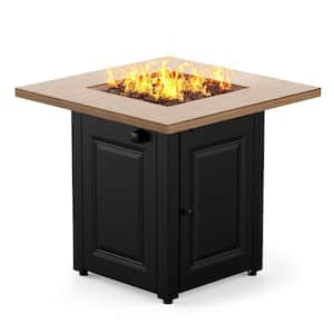 28in. 50000 BTU Square Gas Fire Pit Table with Lid & Lava Rocks, Flame-Out Protection, Wood Grain Black