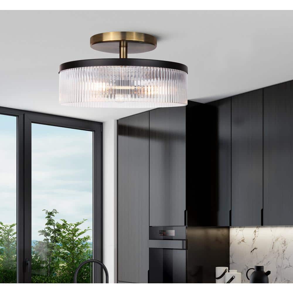 Matte Black and Gold Drum Semi-Flush Mount with Ribbed Glass
