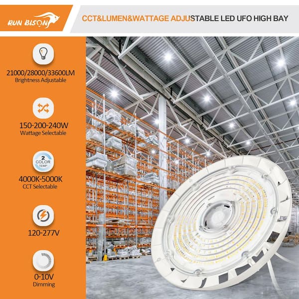 RUN BISON 12.8 in. Integrated LED UFO High Bay Light Fixture White Garage Light Up to 33600 Lumens 4000K/5000K, 0-10-Volt Dimmable
