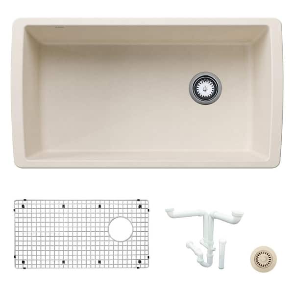 Blanco Diamond 33.5 in. Undermount Single Bowl Soft White Granite Composite Kitchen Sink Kit with Accessories