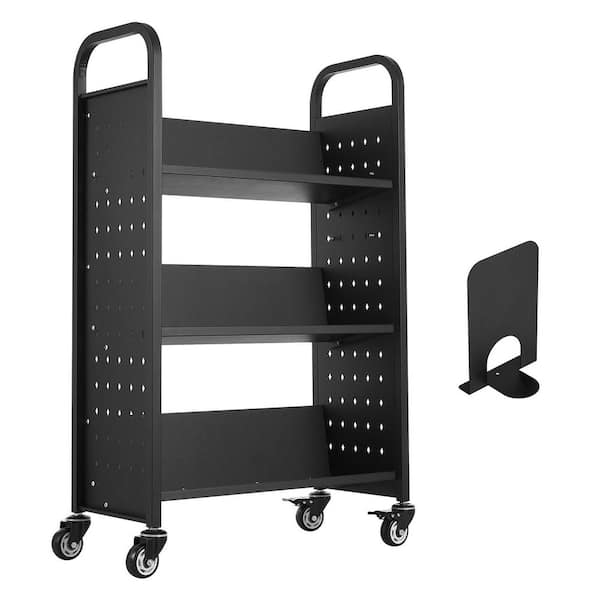 SKYSHALO Book Cart 330 lbs. Library Cart 31 x 15 x 49 in. Single Sided V-Shape Sloped Shelves with 4 in. Lockable Wheels in Black