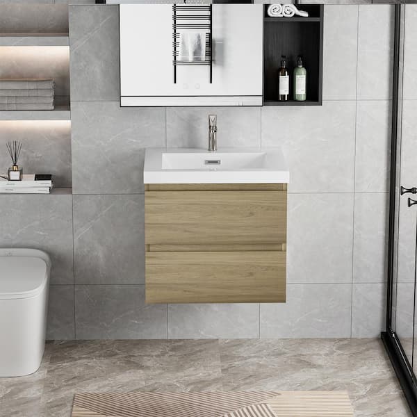 HBEZON Achilles 30 in. W x 20 in. D x 22.5 in. H Single Sink Floating Bath Vanity in Natural Oak with White Resin Top