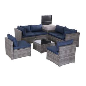 8-Piece Gray Wicker Patio Conversation Set with Navy Blue Cushions, Corner storage box and Coffee Table
