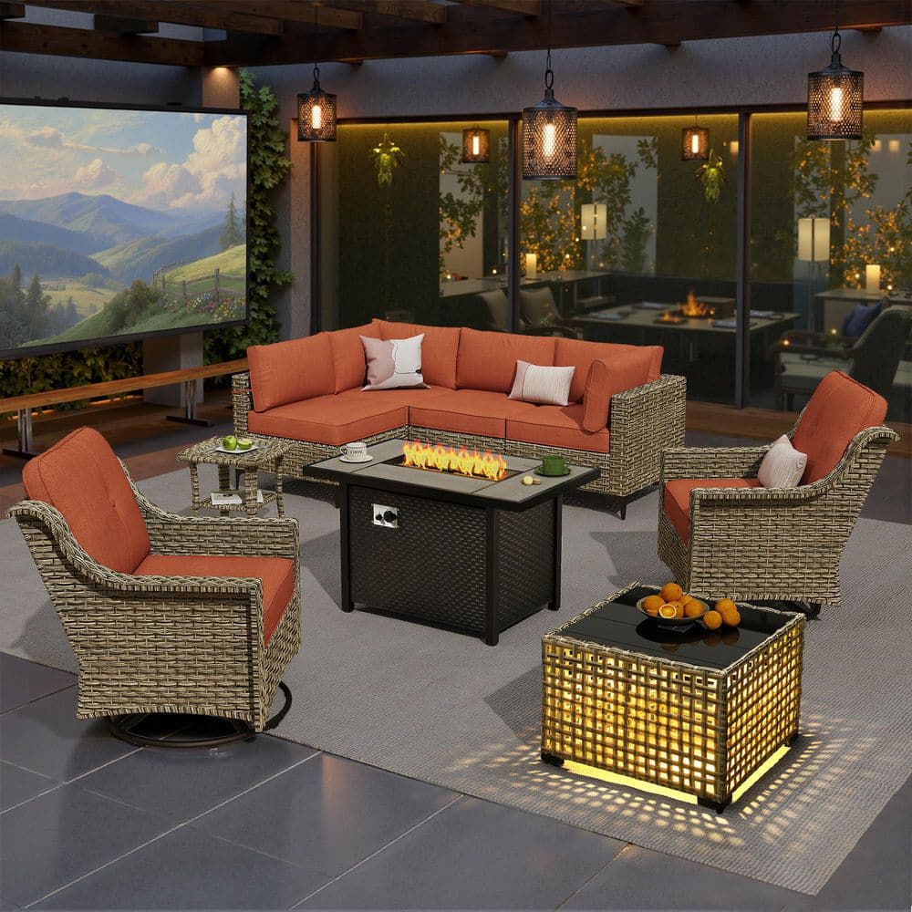 OVIOS Holly Gray 9-Piece Wicker Rectangle Fire Pit Patio