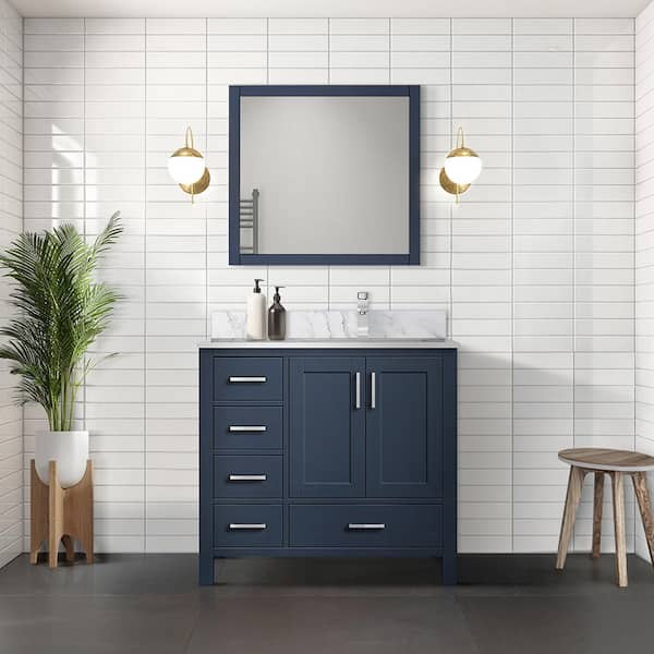Jacques 36 in. W x 22 in. D Right Offset Navy Blue Bath Vanity and Carrara Marble Top