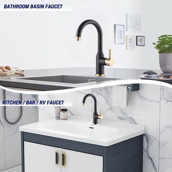 Deck Mount Single Handle Single Hole Bar Faucet with 360° Swivel Spout and Supply Lines in Black and Gold