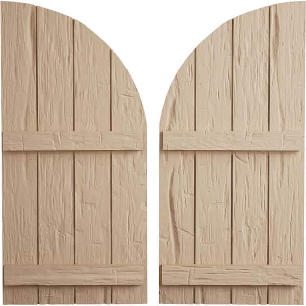 Ekena Millwork 22 in. x 58 in. Polyurethane Hand Hewn Four Board Join.ed Board-n-Batten Round Arch Top Shutters, Primed Tan