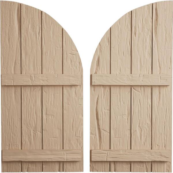 Ekena Millwork 22 in. x 78 in. Polyurethane Hand Hewn Four Board Joined Board-n-Batten Round Arch Top Shutters, Primed Tan