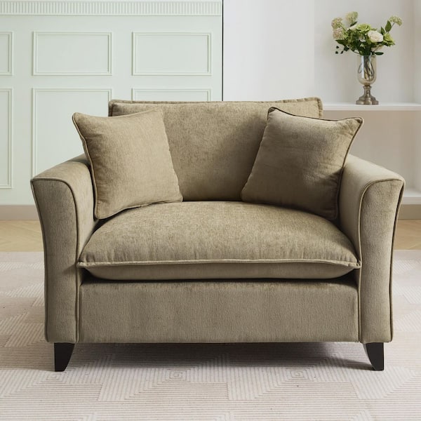 Green Chenille Oversized Arm Chair, Elegant Outward-flaring Armrests Accent Chair with 2 Pillows, Solid Rubberwood Legs