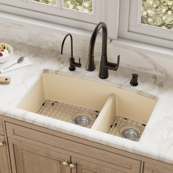 QU-711 Quartz/Granite 32 in. Double Bowl 60/40 Undermount Kitchen Sink in Bisque with Bottom Grid and Strainer