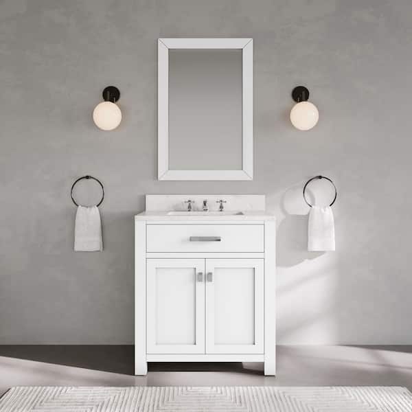 Water Creation Madison 30 in. W x 21.5 in. D x 34 in. H Single Sink Bath Vanity in Pure White with Carrara White Marble Top and Faucet