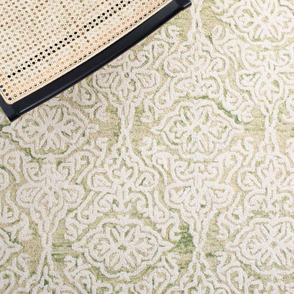 Ivory and Light Green Floral Wool Handmade Rug, 5' x 8'