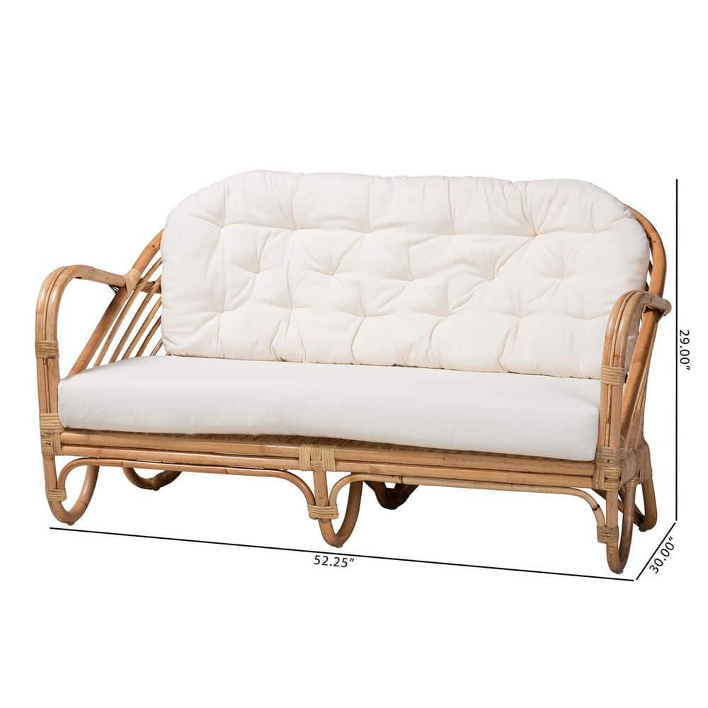 Natural Rattan Loveseat with Tufted Off-White Cushions