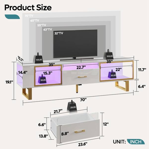 Modern LED High Gloss TV Stand Entertainment Center For TVs Up To 70 Inches