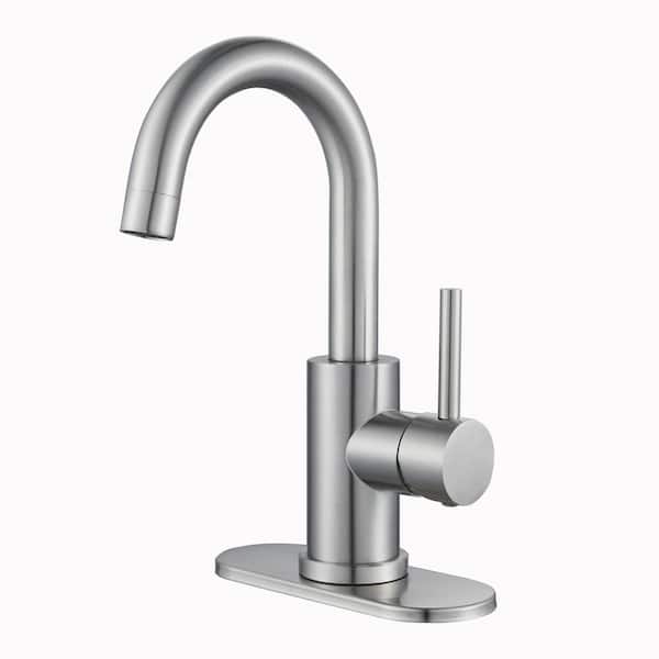 Single-Handle Single Hole Swivel Spout Bathroom Faucet Vanity Sink Faucet with Deck Plate Drain Kit in Brushed Nickel