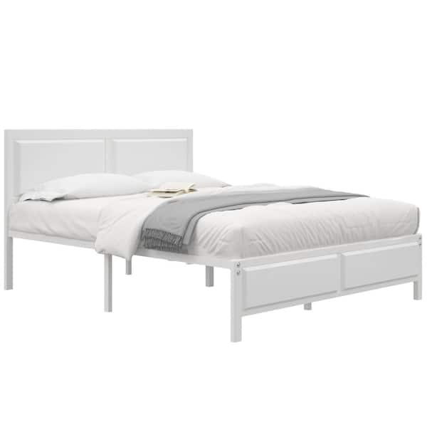Metal Bed Frame White Metal Frame Full Size Platform Bed with Rustic Country Style Wooden Headboard and Footboard