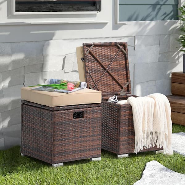Freestyle 2-Piece Brown Wicker Outdoor Patio Ottomans with Storage, Beige Cushion