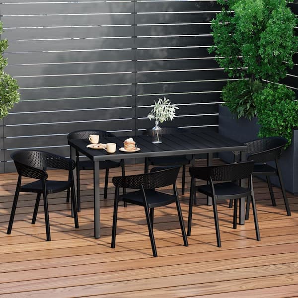 Frond and Form Outdoor Patio Modern 7-Piece Rectangular Steel Table, 6 Stackable HDPE Plastic Chairs Dining Set, Black