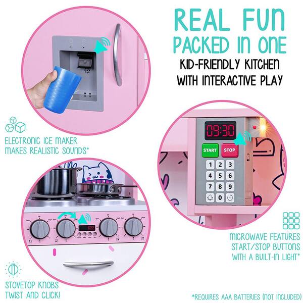 Lil' Jumbl Kids Kitchen Set, Pretend Wooden Play Kitchen, Battery Operated  Icemaker & Microwave with Realistic Sound, Pots & Pan Included - Pink