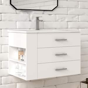 Rita 30.25 in. W Single Sink Wallmount Bath Vanity with White Ceramic Top Countertop in Matte White with Left Side Shelf