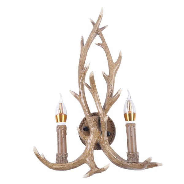 OUKANING 2-Light Brown Resin Antlers Retro Style Wall Sconce