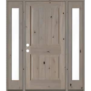 64 in. x 80 in. Rustic Knotty Alder Square Top Right-Hand/Inswing Clear Glass Grey Stain Wood Prehung Front Door w/DFSL