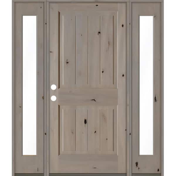 Krosswood Doors 64 in. x 80 in. Rustic Knotty Alder Square Top Right-Hand/Inswing Clear Glass Grey Stain Wood Prehung Front Door w/DFSL