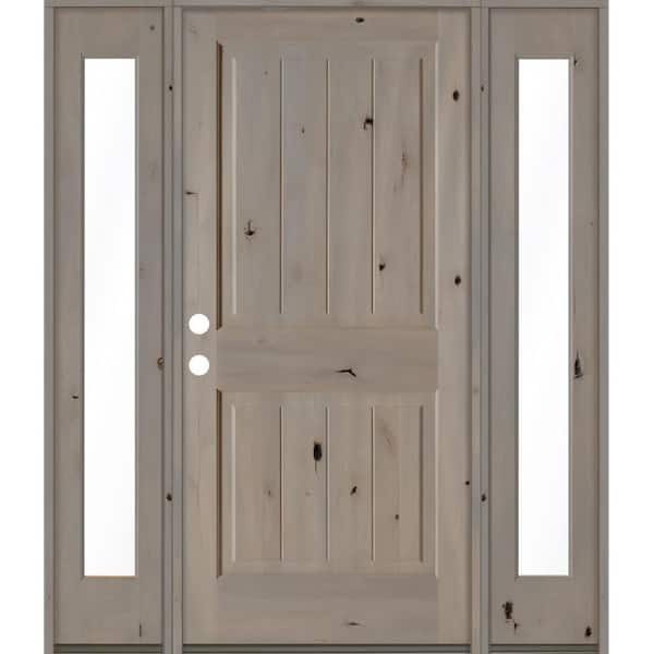Krosswood Doors 70 in. x 80 in. Rustic Knotty Alder Square Top Right-Hand/Inswing Clear Glass Grey Stain Wood Prehung Front Door w/DFSL