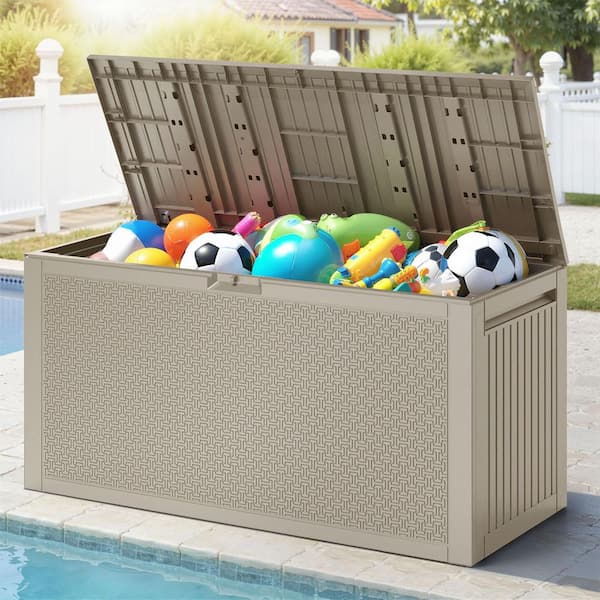 90 Gal. Khaki Upgraded Resin Deck Box, All-Weather Fall-Inspired Corn Maze Look Outdoor Storage Box with Side Handle