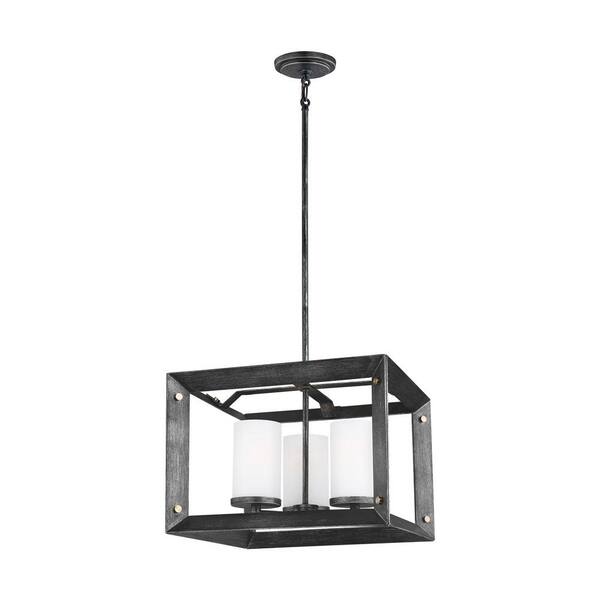 Generation Lighting Chatauqua 3-Light Weathered Gray Industrial Cube Hanging Chandelier with Distressed Gold Metal Accents