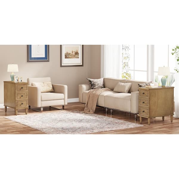 BYBLIGHT Kerlin 23.62 in. W Light Brown Rectangle (Set of 2) Assembled Wood End Side Table 3-Drawers Bedside Nightstand 2-Pieces