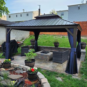 12 ft. x 14 ft. Patio Outdoor Gazebo for Backyard Hardtop Galvanized Steel Frame with Balls, Navy Blue