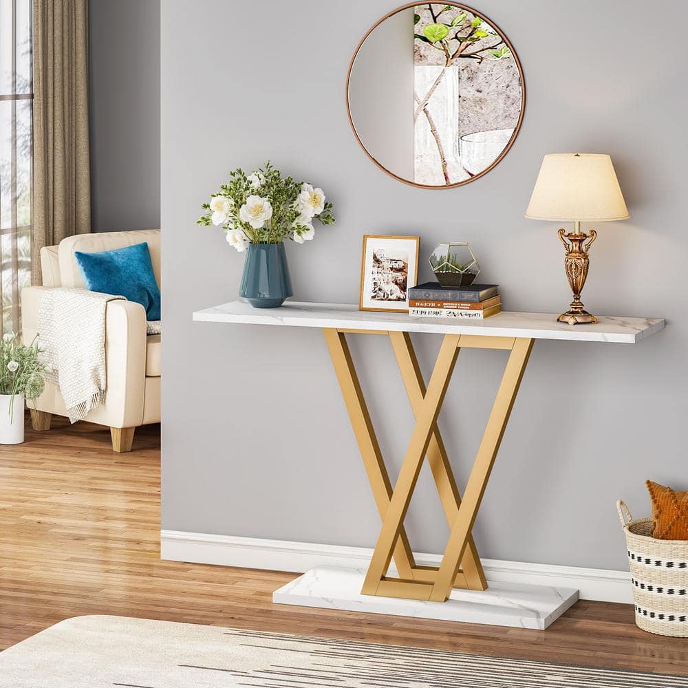 Gold and White Faux Marble Console Table with V-Legs