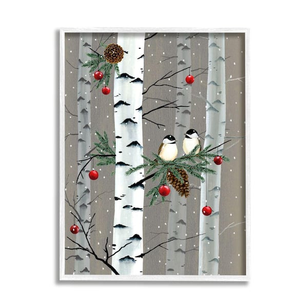 Stupell Industries "Birds and Holiday Ornaments Birch Tree Forest" by Grace Popp Framed Animal Wall Art Print 16 in. x 20 in.