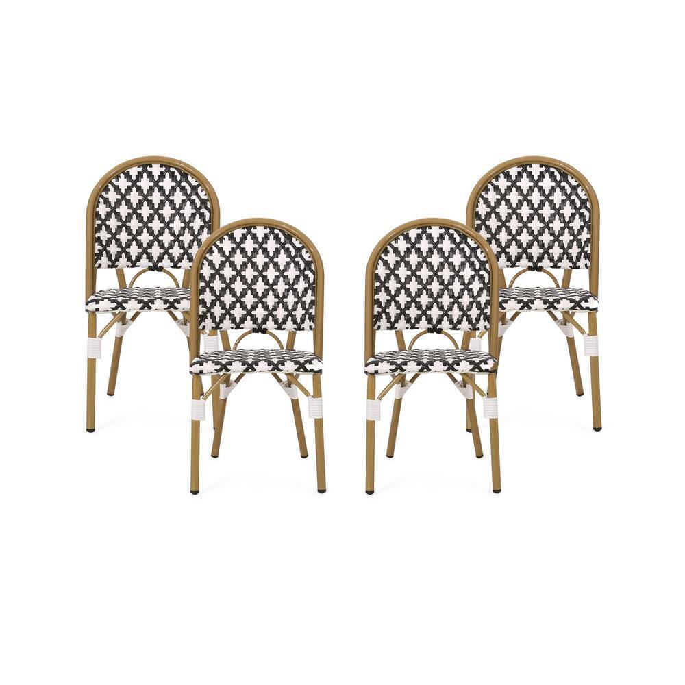 Bamboo Finish Aluminum Bistro Dining Chair Set, Black and White, Set of 4