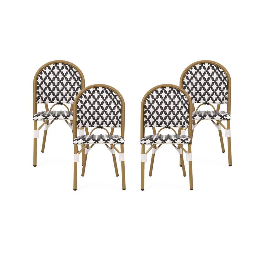 Bamboo Finish Aluminum Bistro Dining Chair Set, Black and White, Set of 4