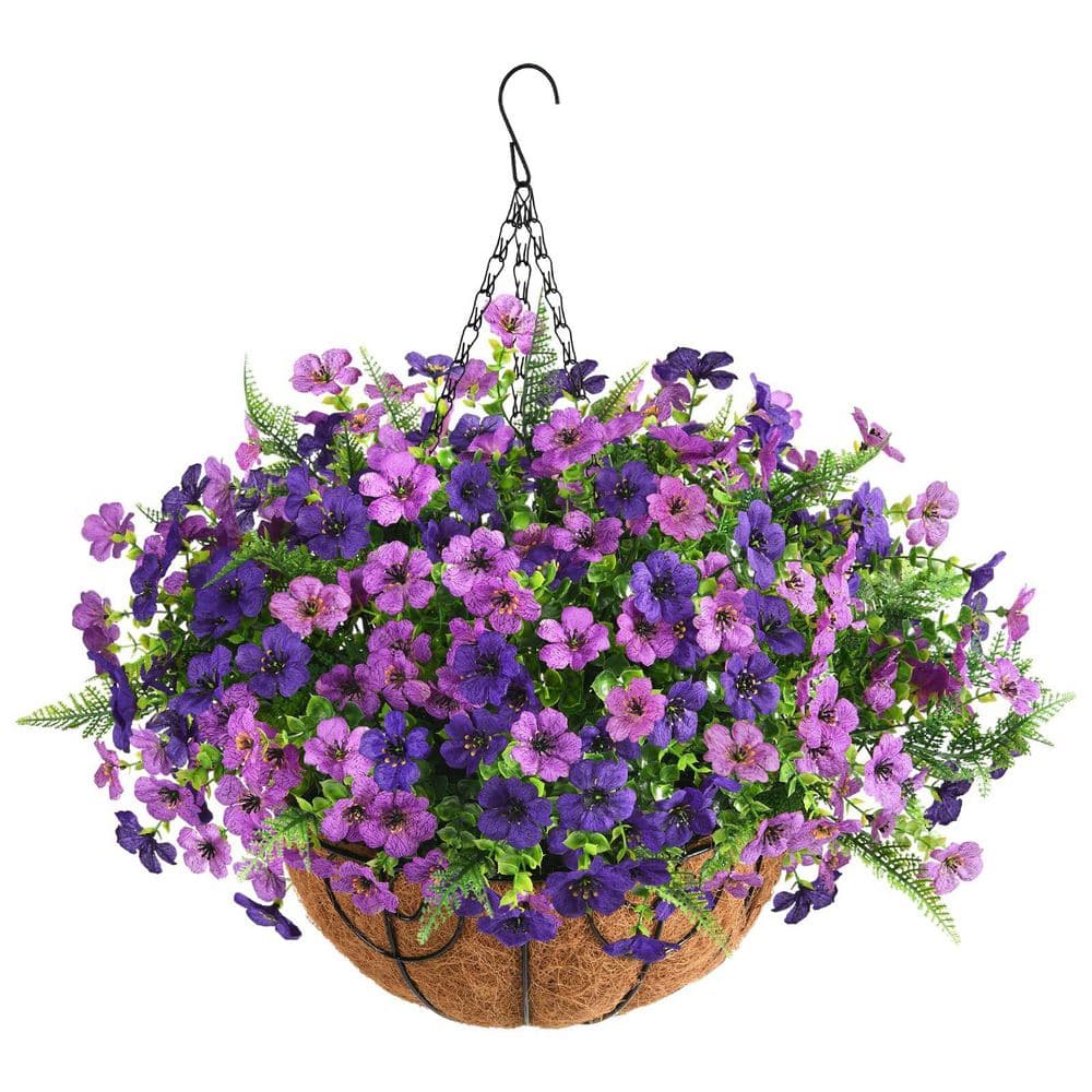 19 in. Double Purple Outdoor Artificial Daisy Flowers Hanging Baskets