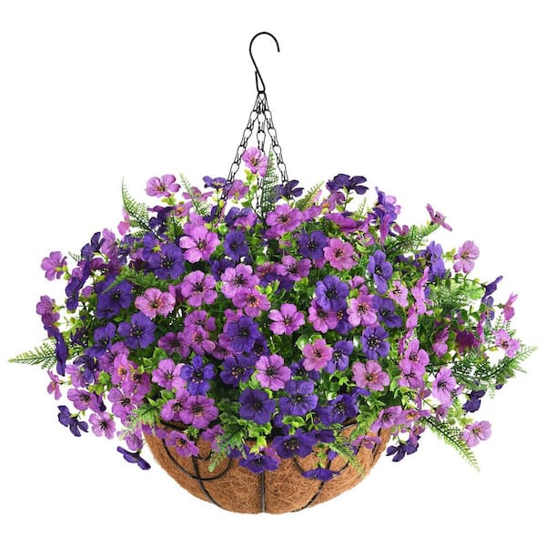 Unbranded 19 in. Double Purple Outdoor Artificial Daisy Flowers Hanging Baskets