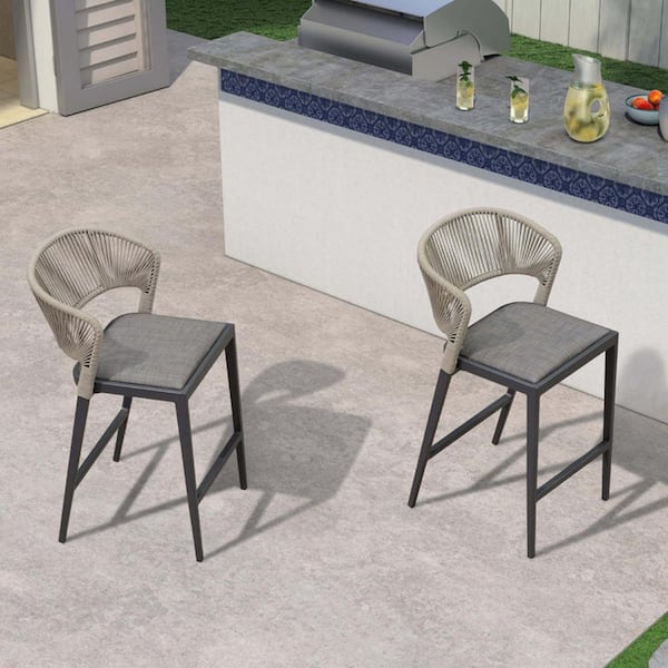 Modern Aluminum Low Back Rattan Counter Height Outdoor Bar Stool with Backrest and Dark Gray Cushion (2-Pack)