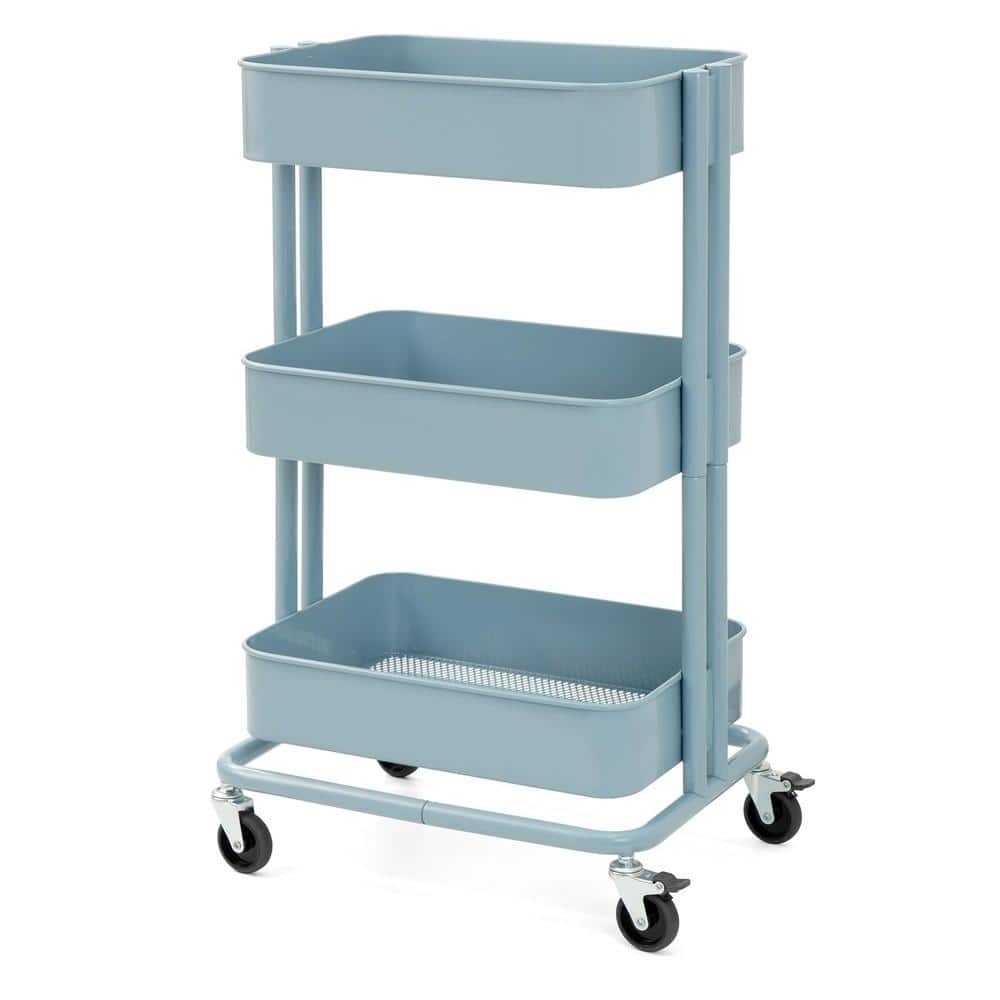3-Tier Metal Mobile Storage Cart – Multifunctional Mesh Shelf Storage Cart,Blue