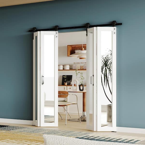 72 in. x 84 in .(36''x 2)1-Lite Mirrored Glass Bi-Fold White MDF Solid Core Sliding Barn Door with Hardware Kits .