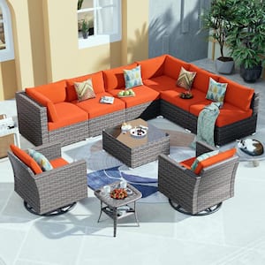 Muses Gray 10-Piece Wicker Outdoor Patio Conversation Seating Set with Orange Red Cushions