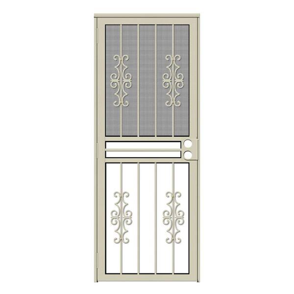 Unique Home Designs 30 in. x 80 in. Watchman Duo Almond Recessed Mount All Season Security Door with Insect Screen and Glass Inserts