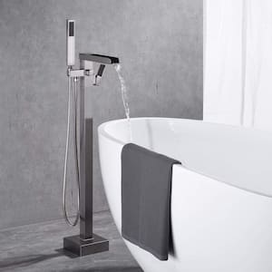 2-Handle Freestanding Waterfall Tub Faucet with Hand Shower in Brushed Nickel